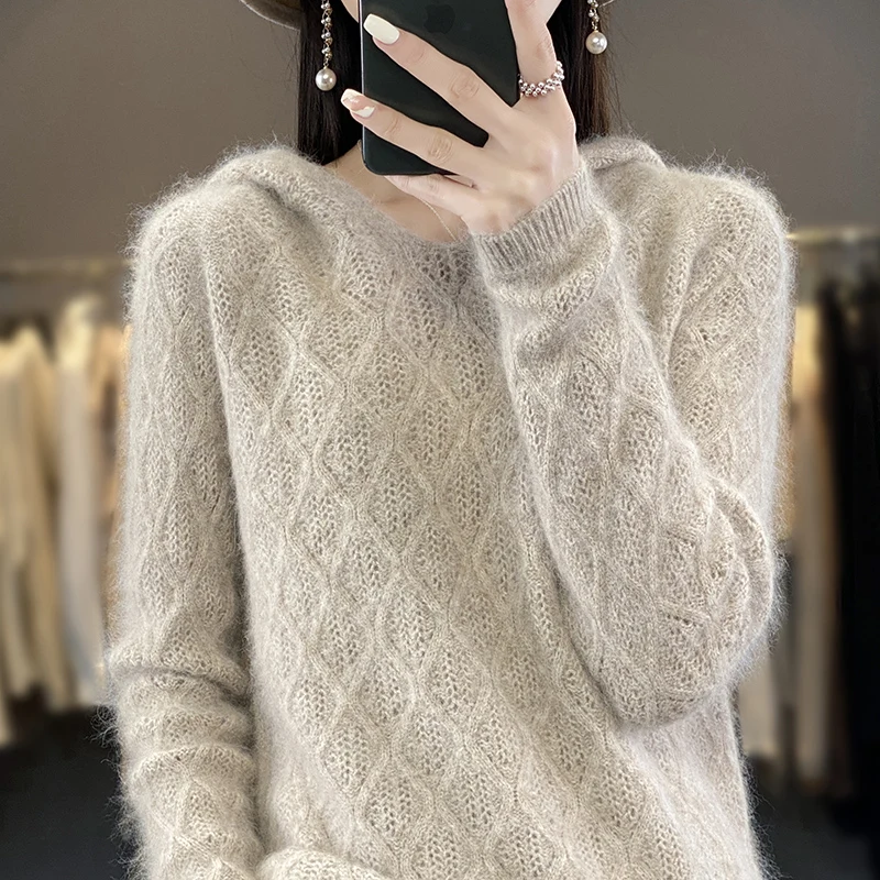 Lafarvie New Round Neck Hooded Mink Cashmere Sweater Women's Hollow Out Comfortable Sweater Autumn and Winter Temperament Top
Lafarvie New Round Neck Hooded Mink Cashmere Sweater Women's Hollow Out Comfortable Sweater Autumn and Winter Temperament Top