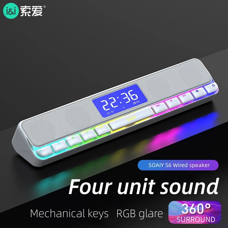 SOAIY S6 RGB Mechanical Keys Computer Desktop Bluetooth Gaming Speaker Wired and Wireless Dual Connection Mode LED Clock Display
SOAIY S6 RGB Mechanical Keys Computer Desktop Bluetooth Gaming Speaker Wired and Wireless Dual Connection Mode LED Clock Display