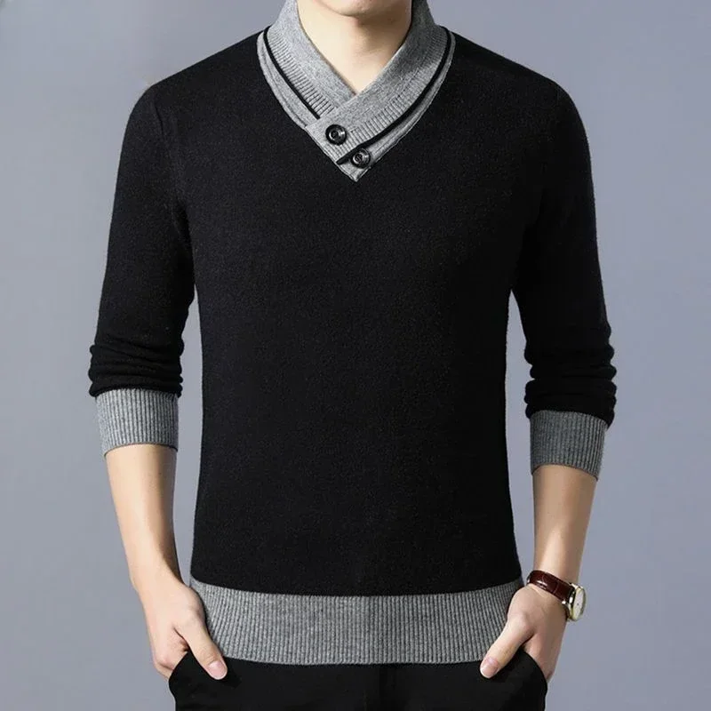 

Men's Clothing V Neck Spliced Knit Sweater Male Smooth Pullovers Beige Old Sale Fun Large Big Size Korean 2023 Autumn Cheap Plus