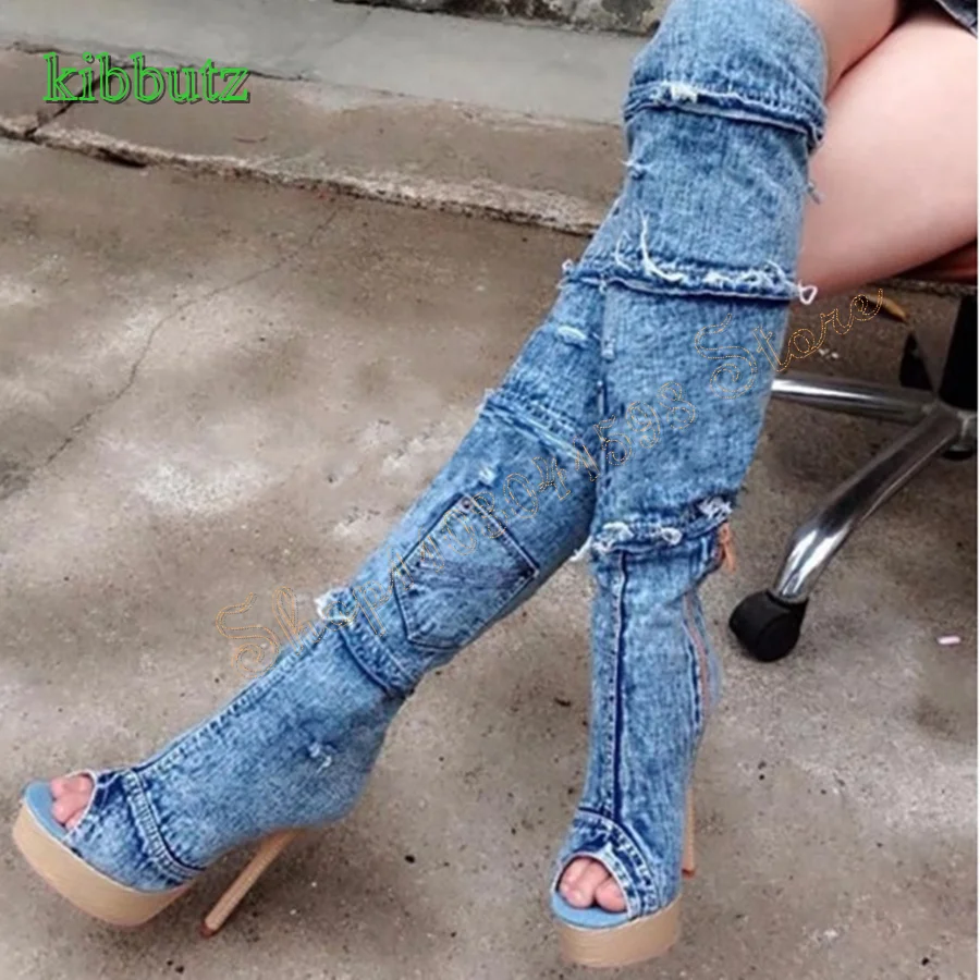 

Fringed Denim Over The Knee Boots,Thick Sole Peep Toe Stiletto Boots Retro Tight Zipper Women Boots 2023 New Zapatos Para Mujere