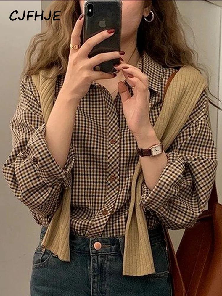 

Vintage Simple Elegant Female Long Sleeve Preppy Style Tops Shirt Women Brown Plaid All-match Turn-down Collar Wooden-Buttons