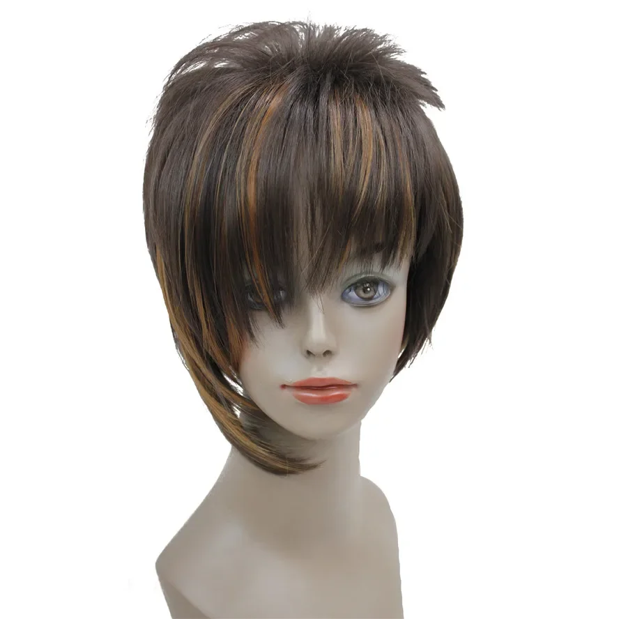 

4Color Women's Asymmetric Short Bob Mixed Blonde Brown Straight Inclined Bangs Natural Synthetic Hair Wig