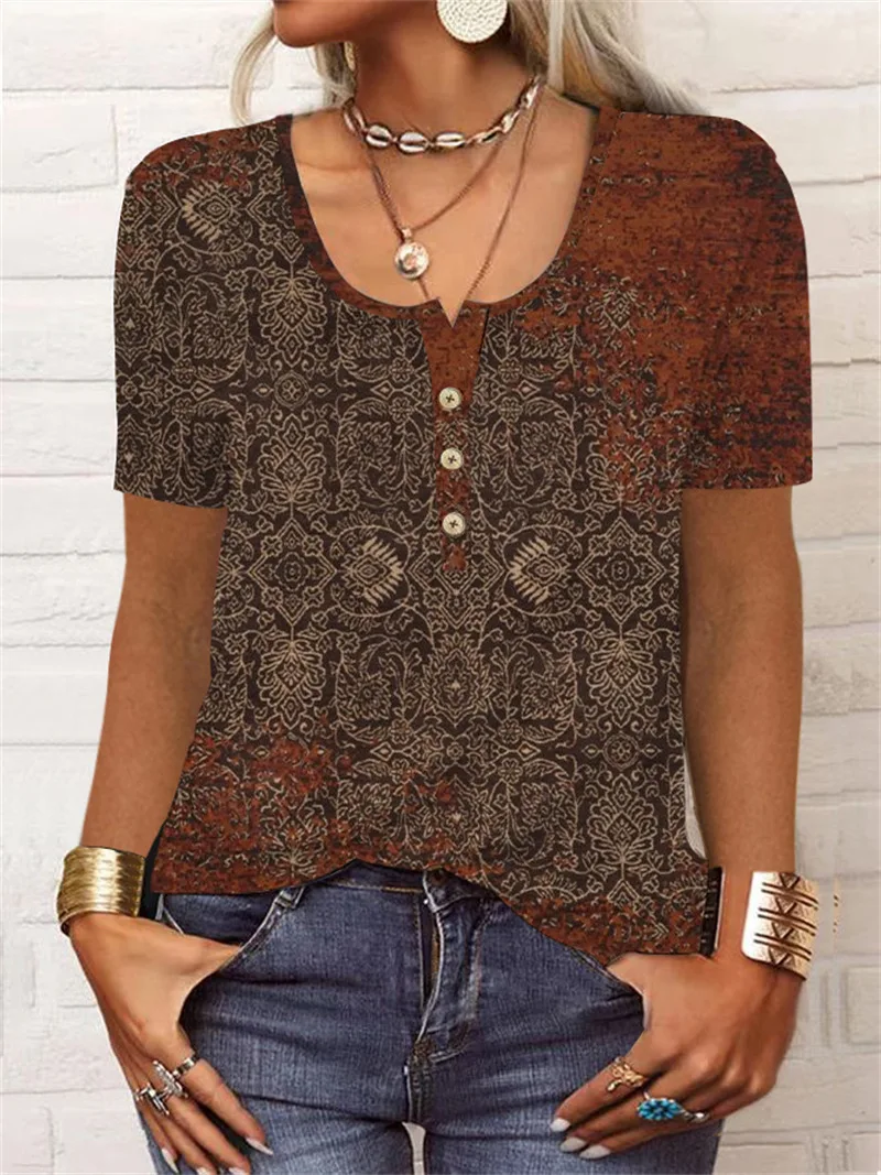 2023 Summer Women's Loose Short-Sleeved Geometric Flower Print U-Neck Button T-Shirt Woman Fashion Casual All-Match Tops Female
2023 Summer Women's Loose Short-Sleeved Geometric Flower Print U-Neck Button T-Shirt Woman Fashion Casual All-Match Tops Female