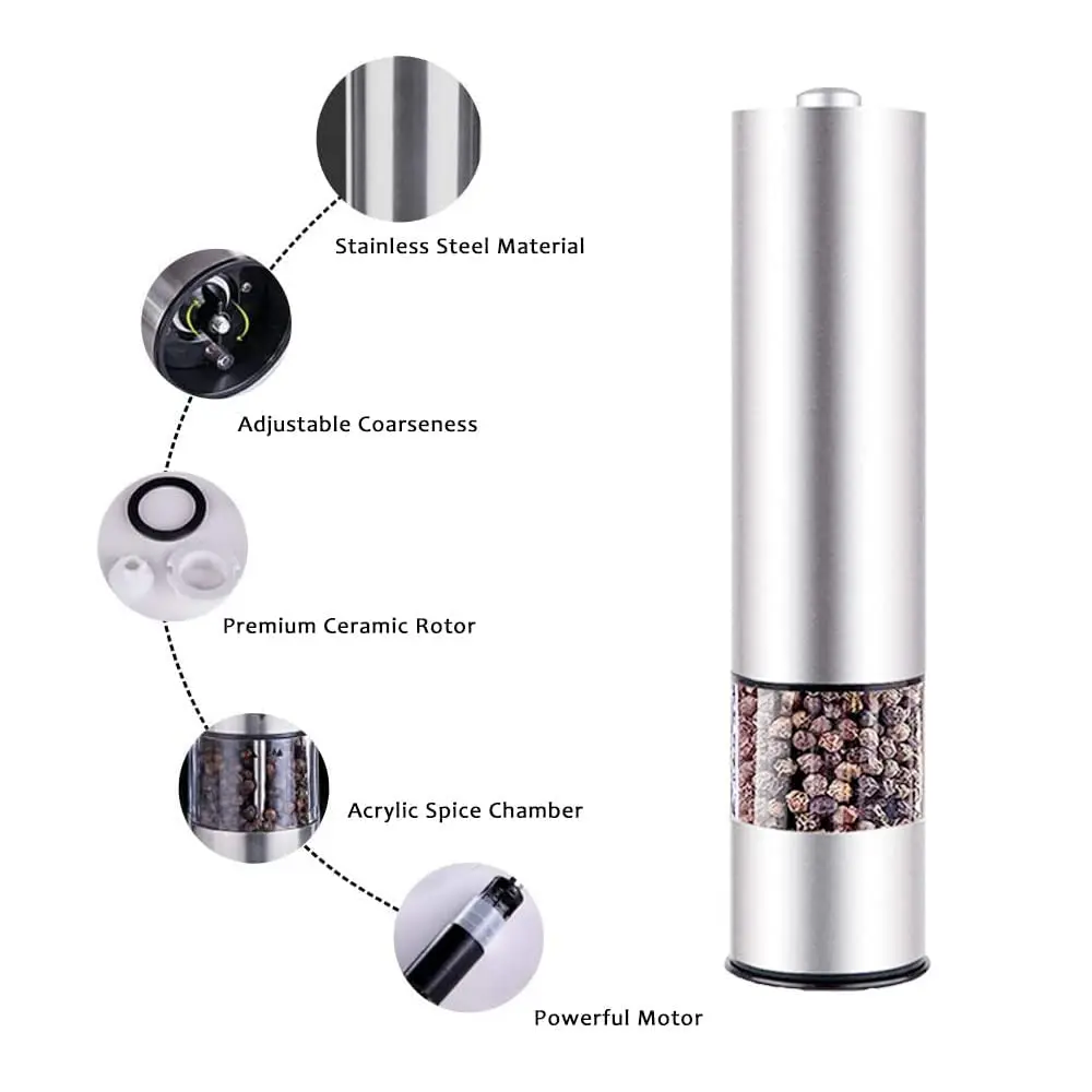 Electric Salt and Pepper Grinder Set Battery Power Adjustable Thickness Mill with Led kitchen 304 Stainless Steel Grinding Tools
Electric Salt and Pepper Grinder Set Battery Power Adjustable Thickness Mill with Led kitchen 304 Stainless Steel Grinding Tools