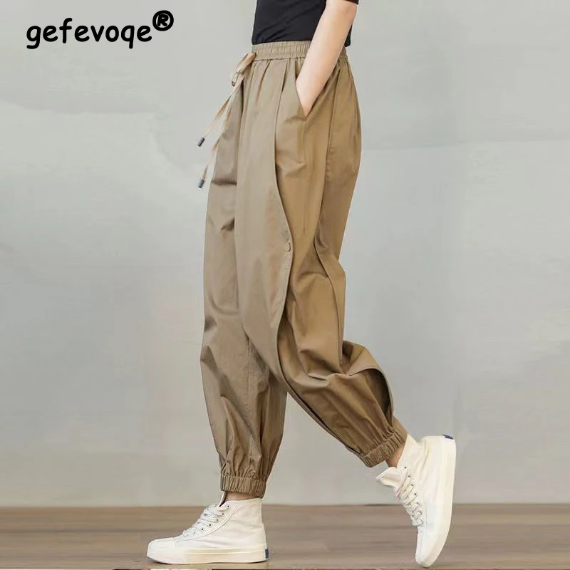 

Women's Clothing Summer Vintage Japanese Baggy Cotton Cargo Pants Harajuku Simple Casual Streetwear Solid Loose Harem Trousers