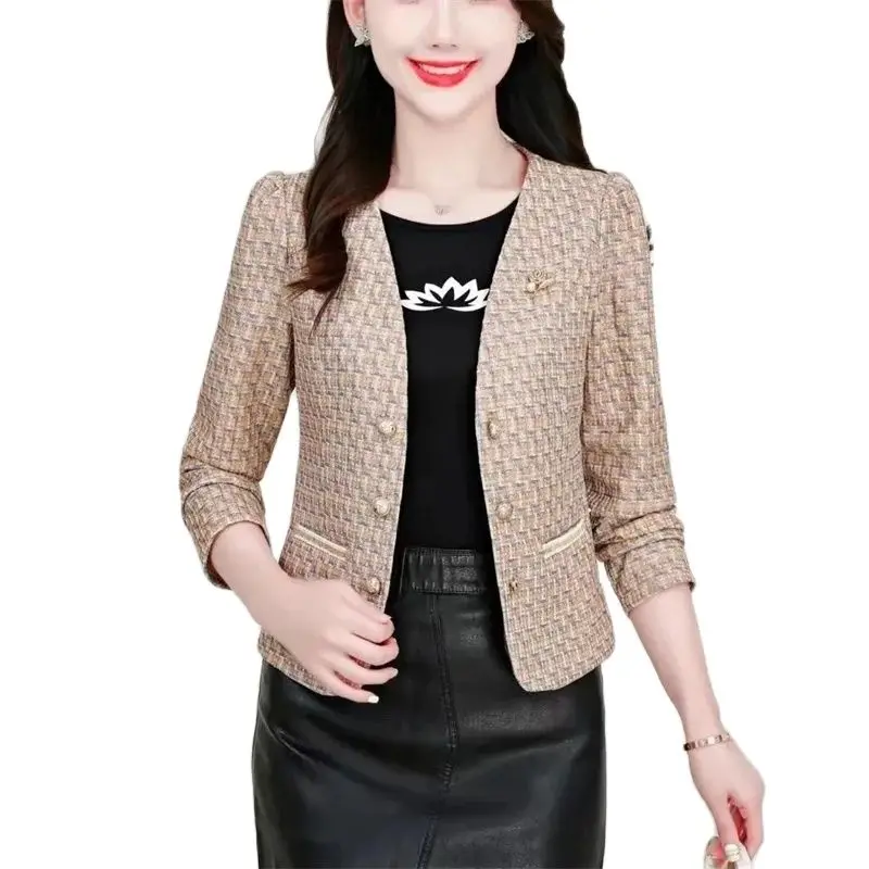

2024 Spring Autumn New Korean Coarse Tweed Short Coat Fashion Small Suit V Neck Women's Woolen Jacket Cardigan Top Female 6XL