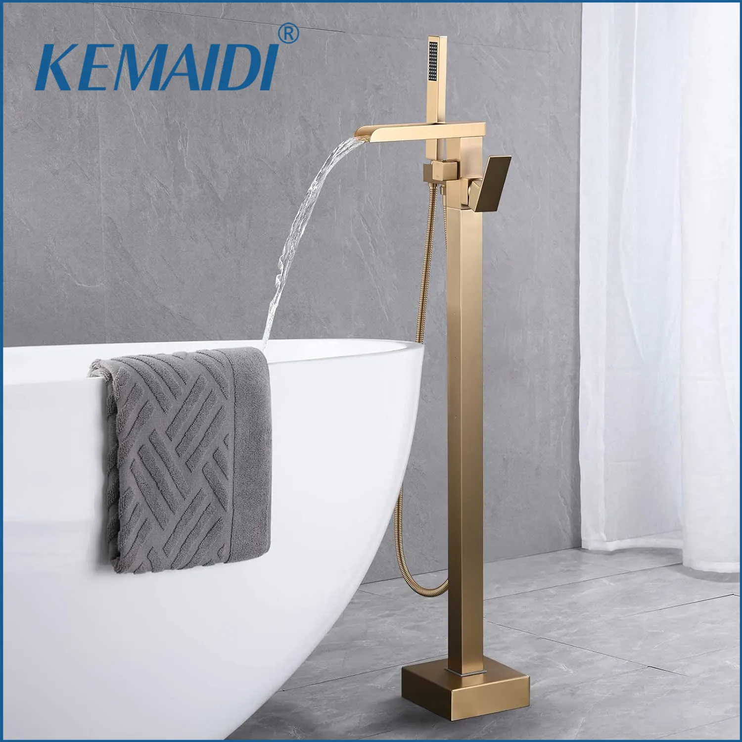 

KEMAIDI Freestanding Bathtub Faucet Tub Filler High Flow Waterfall Bath Filler Brushed Gold Tub Faucets with Hand Shower Tap