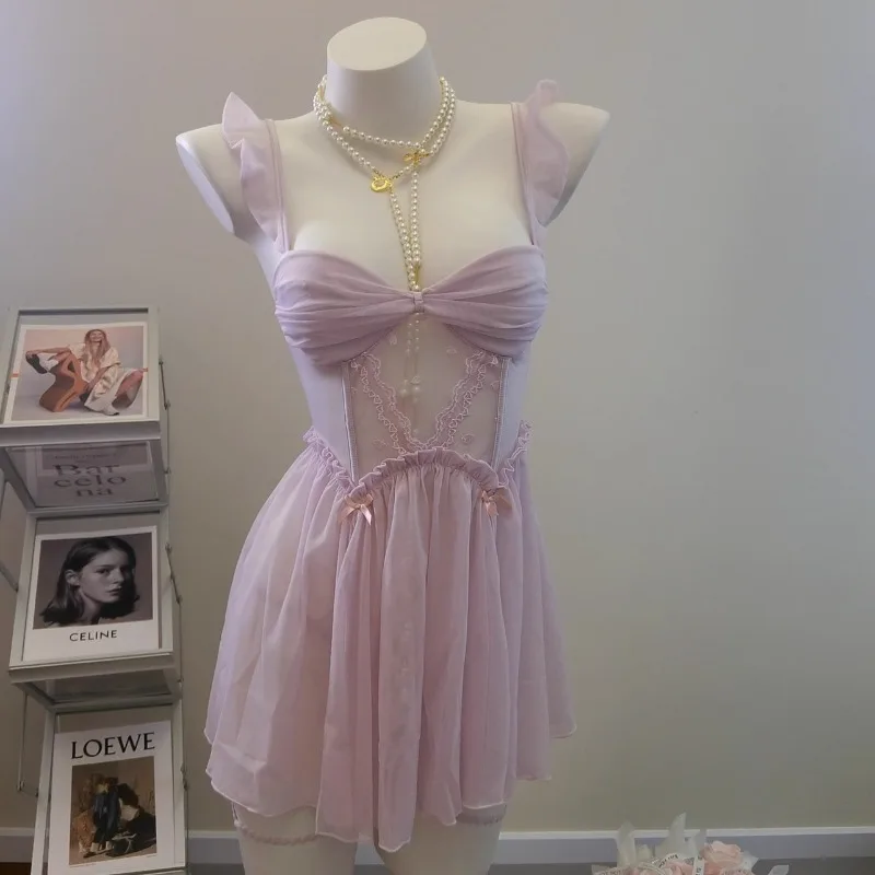 Black Lingerie Sexy Bow Sling Nightdress Slim Transparent Nightgowns With Panty Leg Rings Pure