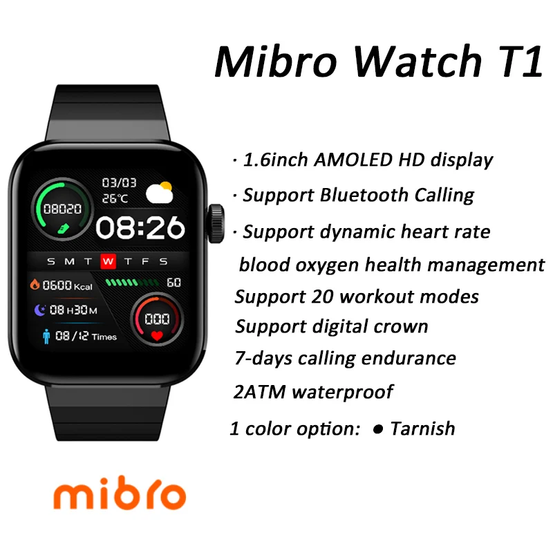 

Mibro Watch T1 Smartwatch 1.6 inch AMOLED Screen 2ATM Waterproof Heart Rate Blood Oxygen Health Monitoring BT 5.0 Calling Watch