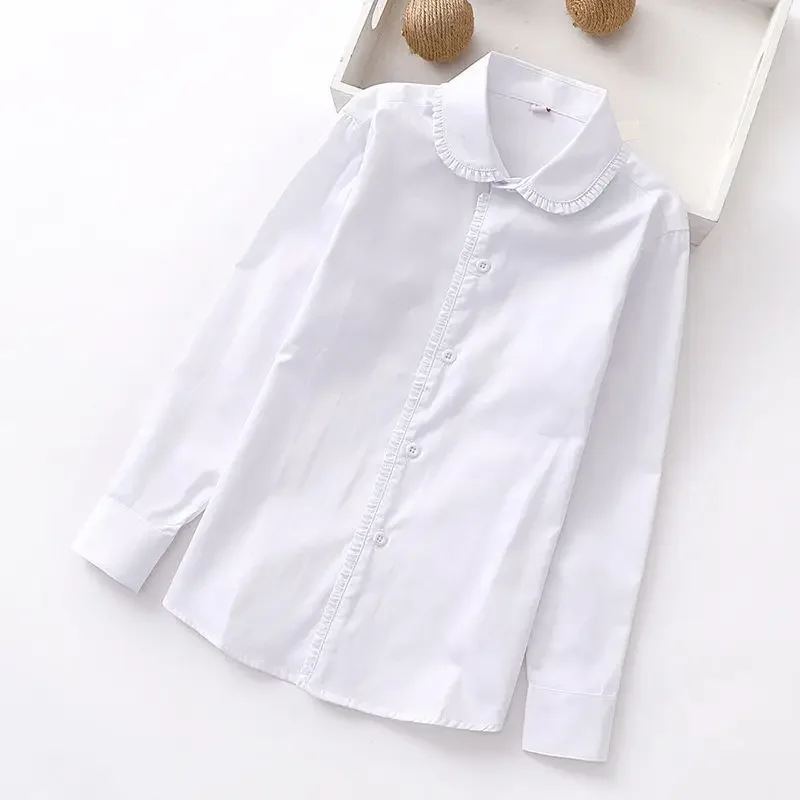 

2024 Toddler Teenage Clothes School Uniform Girl Shirts White Long Sleeve Turn-down Collar Kids Shirt For Girls Children Tops