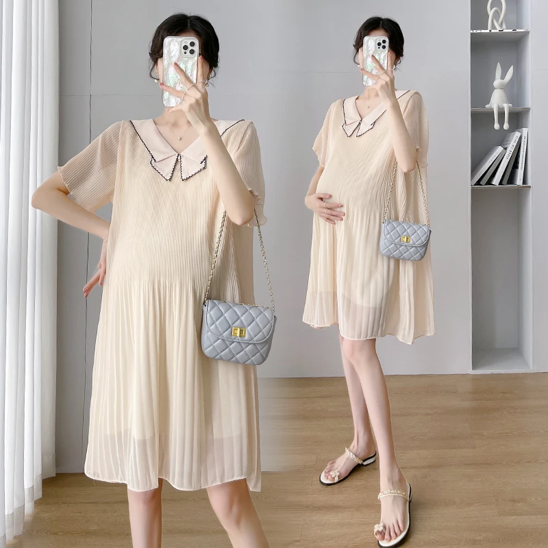

Maternity Chiffon Dress Summer Fashion Pregnant Women Clothing Solid A-line Loose Short Sleeve Skirt Pregnancy Mom Elegant Dress