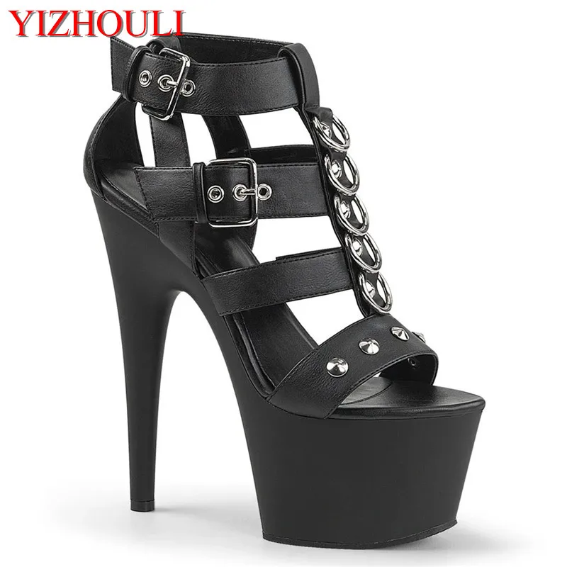 

Summer fashion 17 cm stiletto heels, metal buckle embellished vamp nightclub gorgeous 7 inch stiletto dance shoes