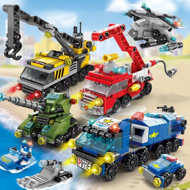 Décennie s de construction de voitures de pompiers pour enfants, camion de police, grue d'ingénierie, ensemble de briques hélicoptère, jouets précieux, ville, 6 en 1 1