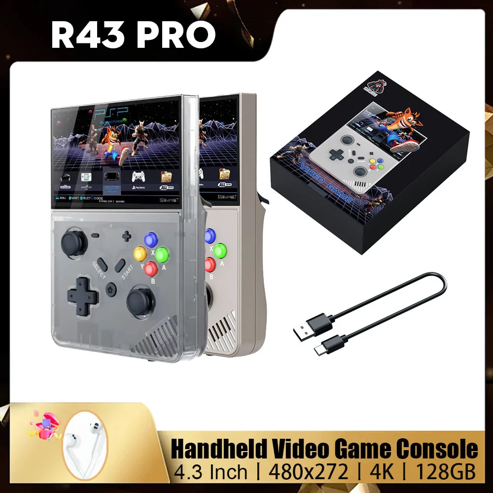 

Портативная игровая консоль R43 Pro в стиле ретро, 4,3 дюйма, 480x272, 4K, HD экран, портативный игровой плеер для PS1 PSP, детский подарок