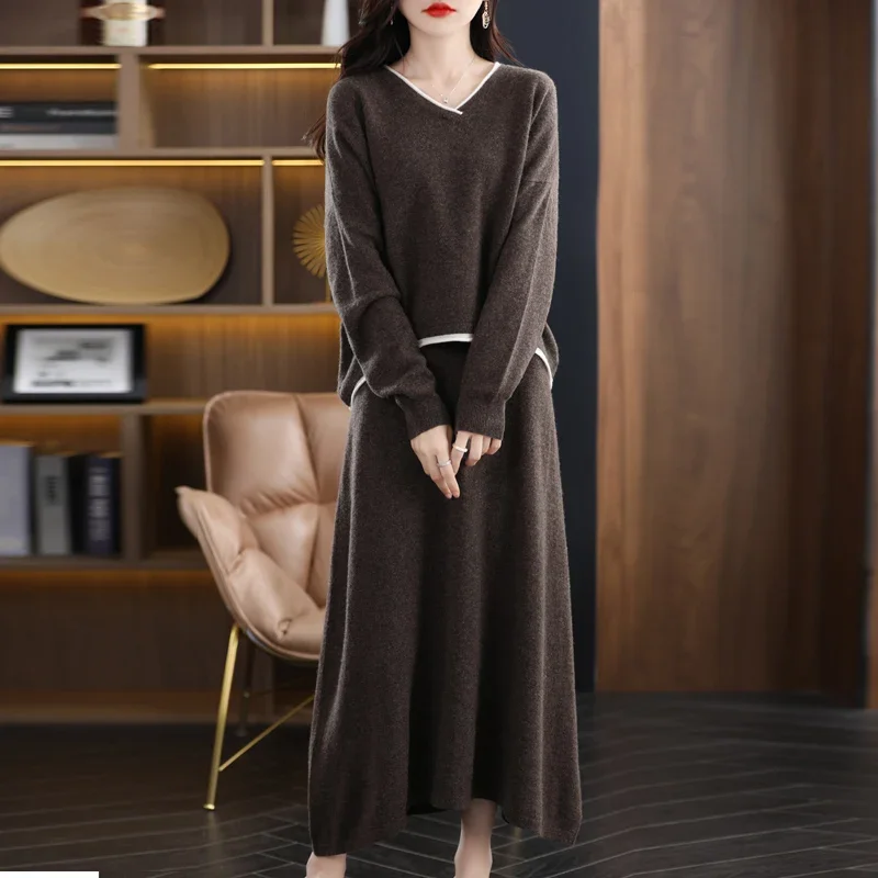 100% Merino Wool Suit Women's Round neck Pullover Casual Knitting Knee Length Skirt Fashion Korean Two-piece Set
100% Merino Wool Suit Women's Round neck Pullover Casual Knitting Knee Length Skirt Fashion Korean Two-piece Set