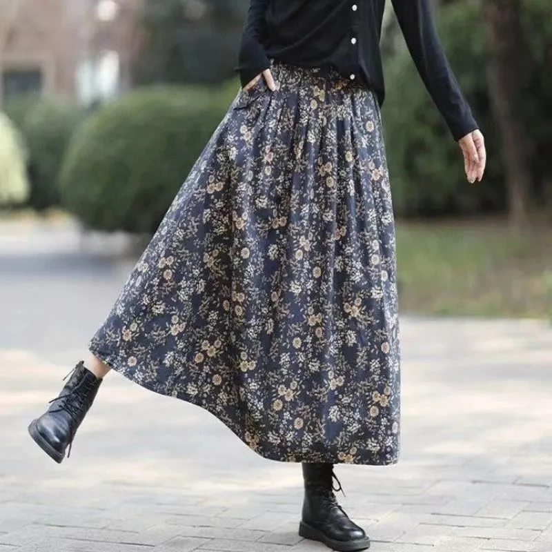 

New Spring Cotton Printed Skirt Women Elastic Waist Elegant Skirt Girl Appear Thin Literature Skirt 2024 Summer