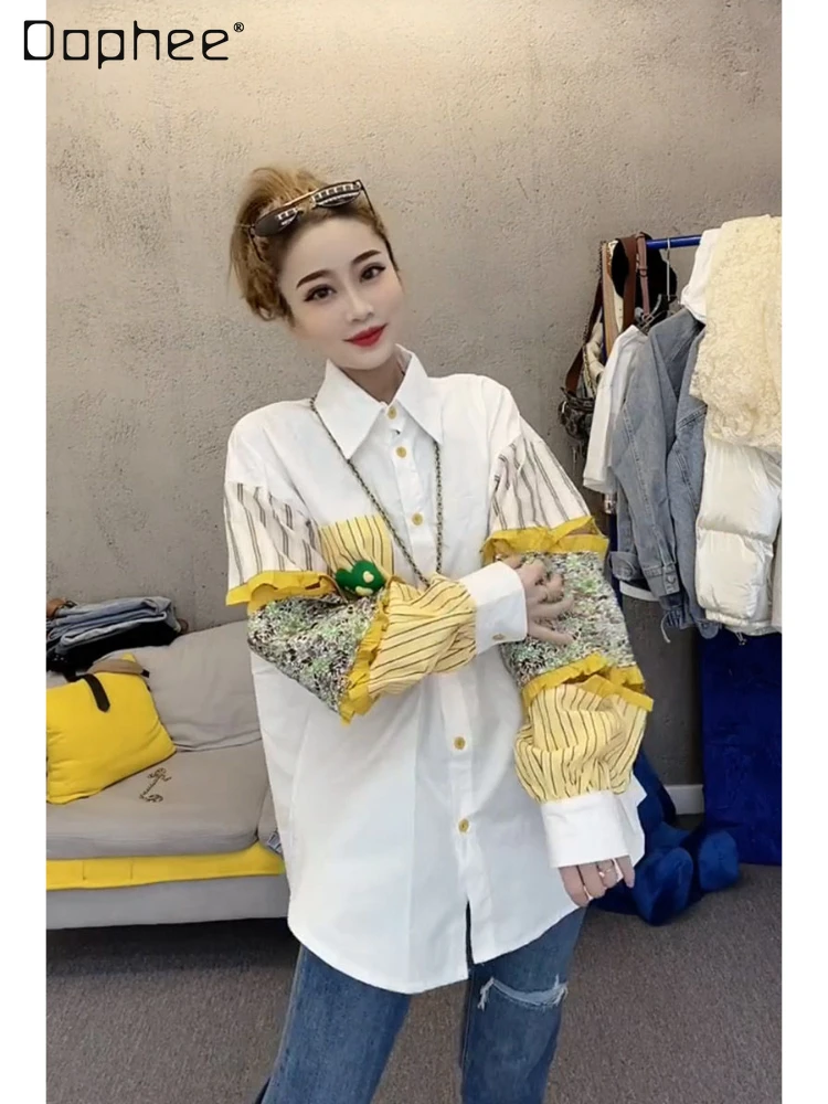 Lapel White Long Sleeve Bloom Women 2023 Autumn New Fashion Stitching Printing Single Breasted Cardigan Shirt Female Top
Lapel White Long Sleeve Bloom Women 2023 Autumn New Fashion Stitching Printing Single Breasted Cardigan Shirt Female Top