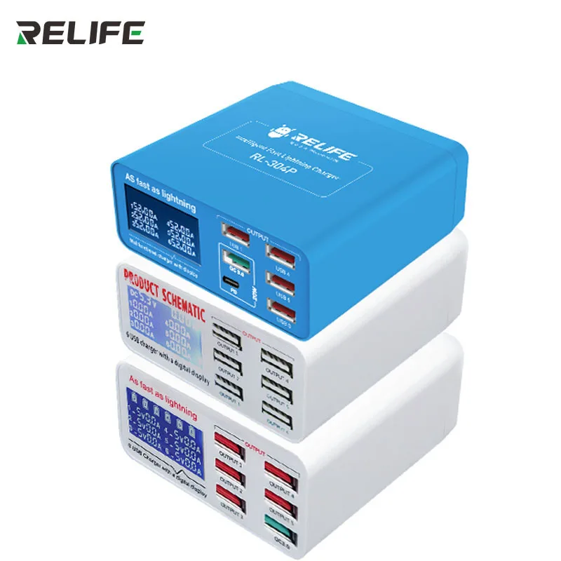 

RELIFE RL-304P SS-304D SS-304Q Smart 6 Port USB Digital Display Lightning Charger for IPhone Samsung Huawei Vivo Opop Xiao MI