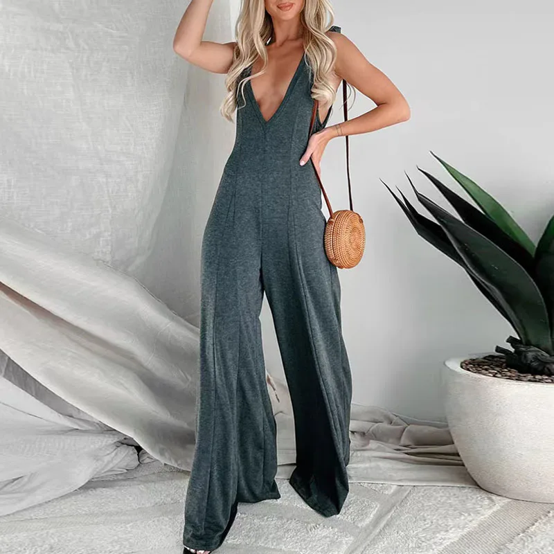 

New Women High Street One Piece Bodysuit Sexy Solid Color Deep V Neck Jumpsuit Sexy Slim Sleeveless Bow Strap Flare Pant Overall