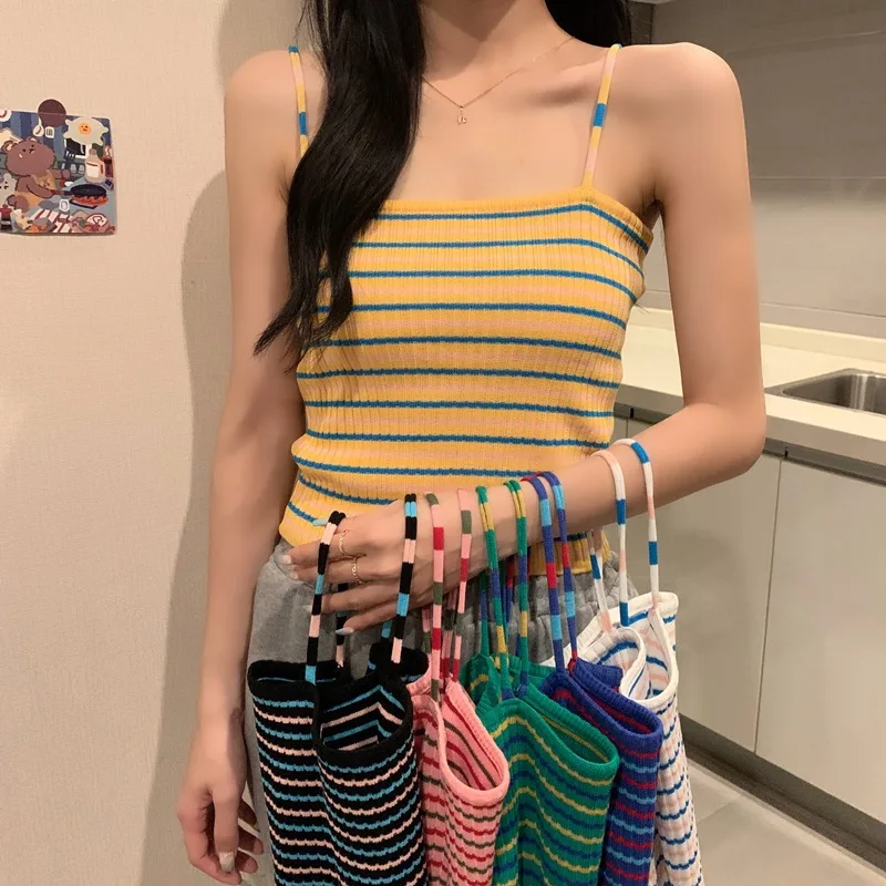 

Spaghetti Strap Tank Top Hot Girl Summer Streetwear Ice Silk Knit Strip Tank Top Bottoming Top Korean Fashion Clothing