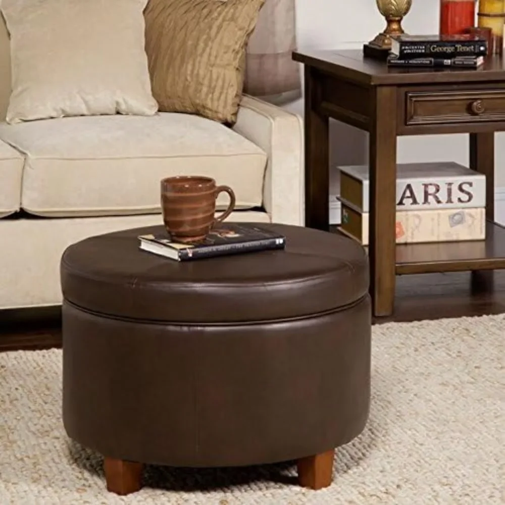 

Footstool Round Leatherette Storage Ottoman with Lid, Brown Ottomans