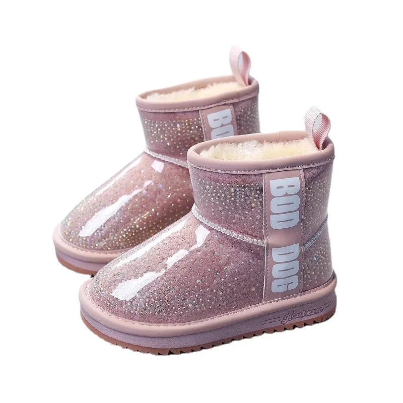 

Модные зимние ботинки для девочек с яркими бриллиантами, зимние детские ботинки на толстой флисовой подкладке из хлопка, нескользящие водонепроницаемые ботильоны для больших детей
