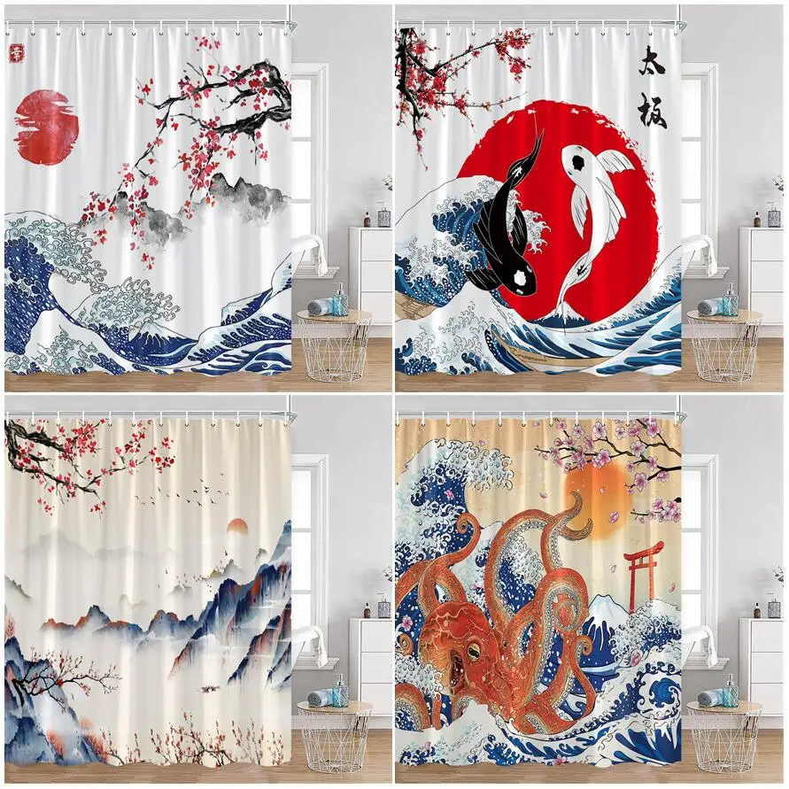 

Japanese Style Shower Curtain Ink Mountain Sea Waves Octopus Koi Sun Cherry Blossom Abstract Art Bath Curtains Bathroom Decor