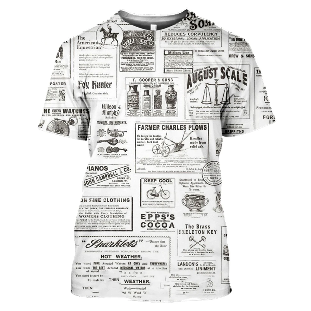 

Summer Men Women Old Newspaper 3D Print Streetwear Vintage Tees Tops Shirt Casual Fashion Hip Hop Funny Short Sleeve