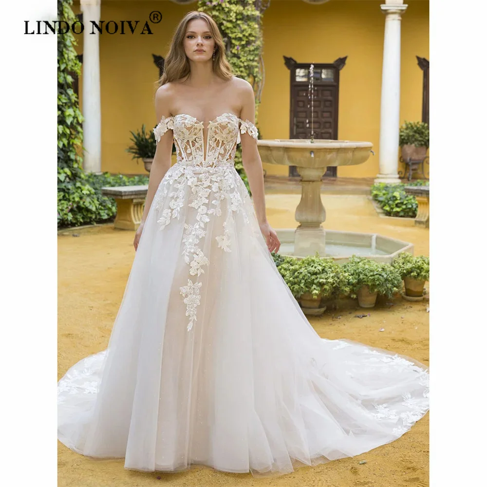 

LINDO Luxury A Line Wedding Dress For Women Sweetheart Aplliques Lace Off the Shoulder Brides Gown Open Back vestido de noiva