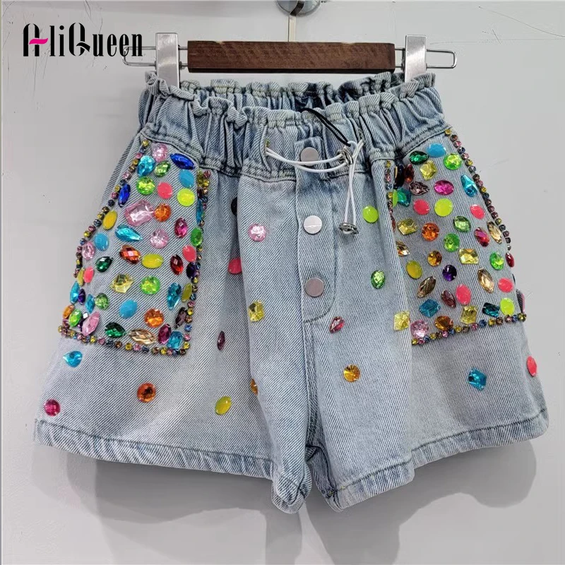 Summer Women Heavy Colorflul Rhinestone Elastic High Waist Jeans Shorts Sexy Girl Loose Blue Wide Leg Denim Shorts Streetwear
Summer Women Heavy Colorflul Rhinestone Elastic High Waist Jeans Shorts Sexy Girl Loose Blue Wide Leg Denim Shorts Streetwear