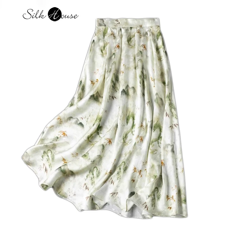 

2024 Women's Summer New Elegant 100%Natural Mulberry Silk Jacquard Sangbo Satin Elastic Waist Chinese Style Skirt