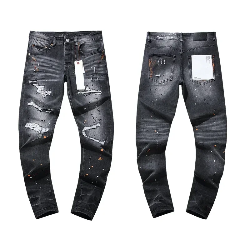 

Top quality Purple ROCA brand 2024ss jeans 2024ssss new top street paint ripped black straight pants for men and women