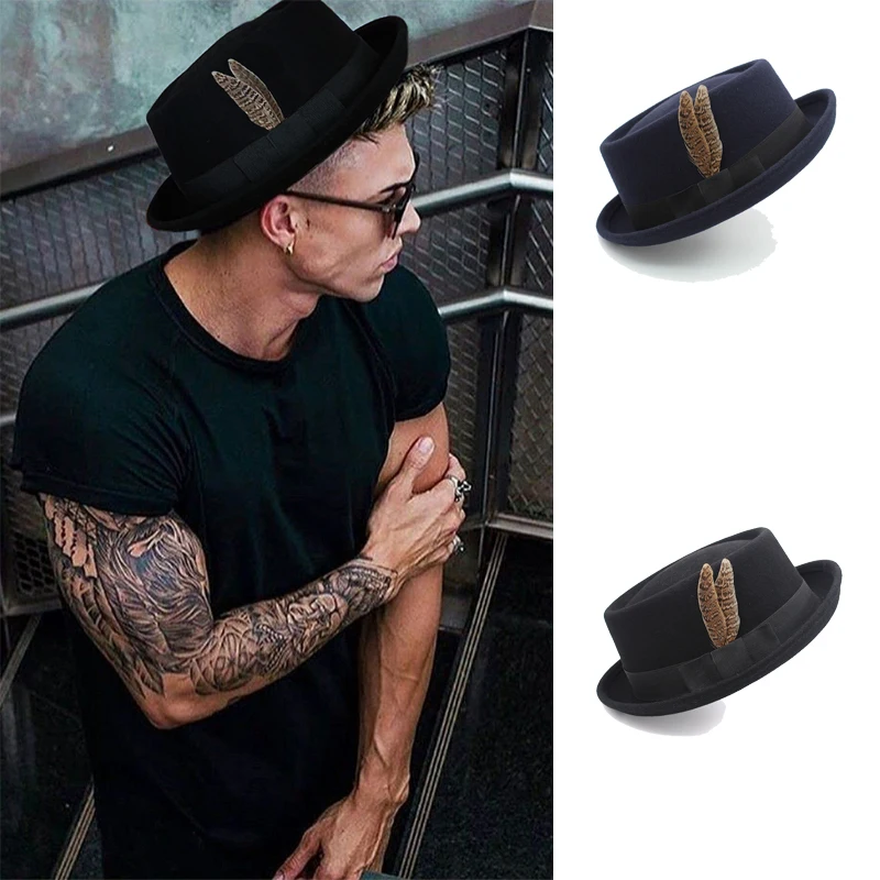 

Men Women Wool 100% Pork Pie Hats Fedora Trilby Sunhat Street Style Classical Feather Band Cap Travel Outdoor Size US 7 1/4 UK L