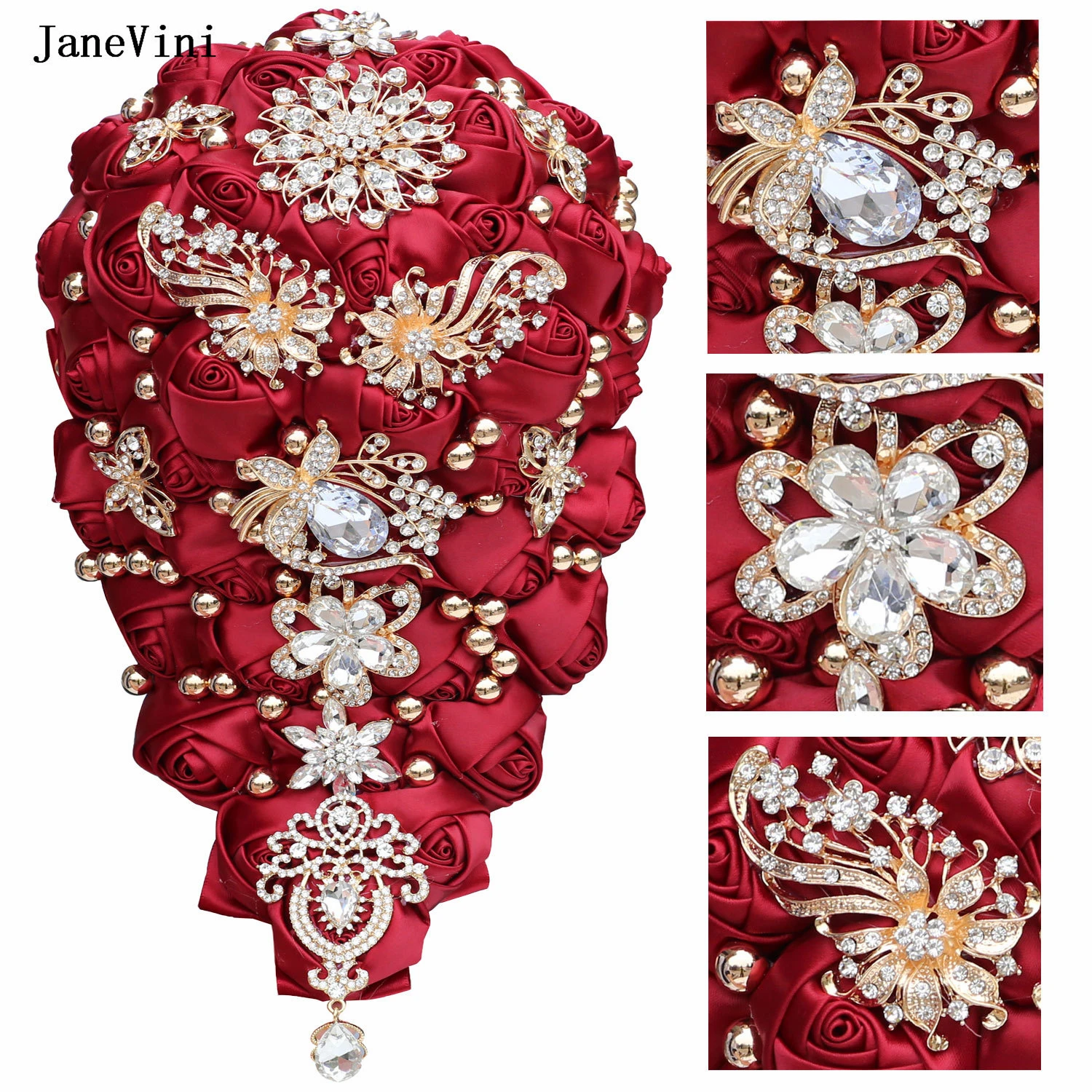 

JaneVini New Burgundy Cascading Bridal Bouquets with Gold Jewelry Handmade Satin Roses Crystals Waterfall Wedding Bouquet Flower