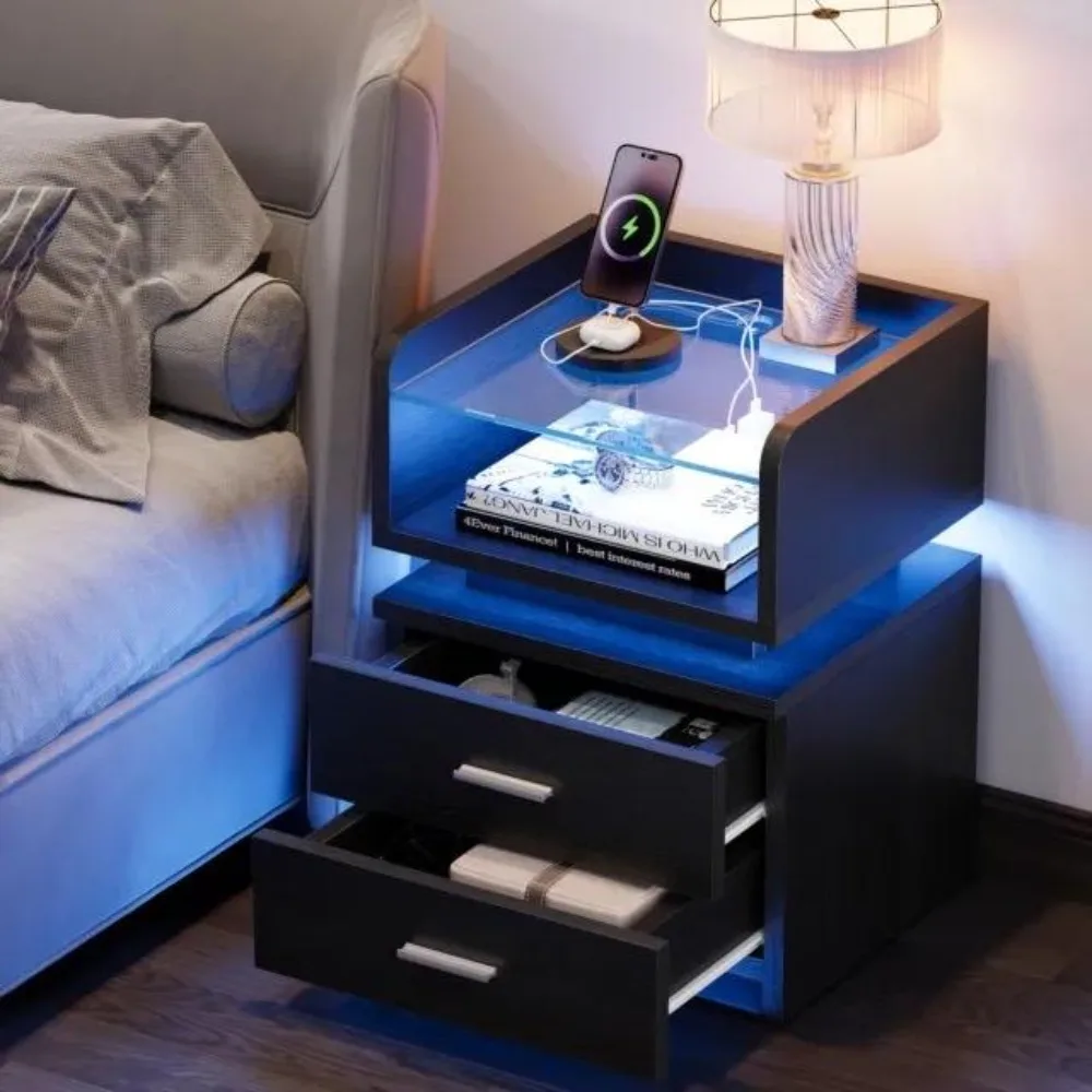 Bedside table, LED bedside table with 2 drawers, charging station and USB port, household bedroom bedside table
Bedside table, LED bedside table with 2 drawers, charging station and USB port, household bedroom bedside table