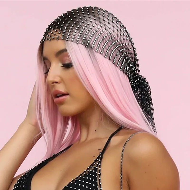 

Shiny Mesh Rhinestone Headwear Headband Spice Girl Fishnet Hollow Out Elastic Sexy Gauze Cap Cover Up Bandeau Night Club Party