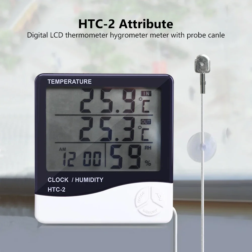 

1pcs Home Indoor Outdoor hygrometer thermometer Weather Station with Clock HTC-2 LCD Digital Temperature Humidity Meter