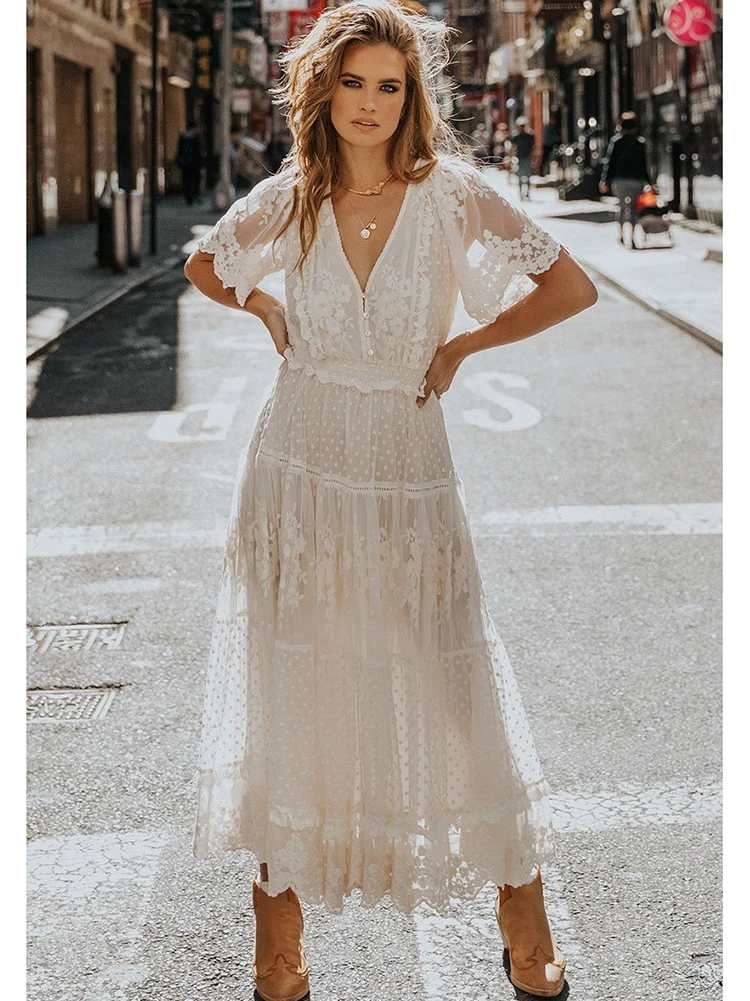 

Gypsylady Elegant Lace Chic Maxi Dress White Summer Flare Sleeve Tiered Women Dresses Party Holiday Casual 23XL Ladies Dress
