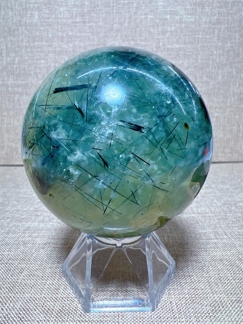 

Natural Prehnite Sphere Free Form With Green Tourmaline Carving Reiki Healing Stone Home Decoration Exquisite Gift