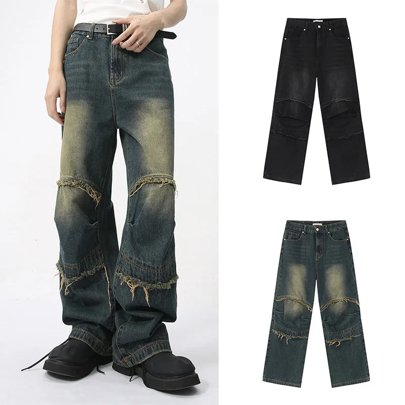 

2024 Men's Denim Baggy Jeans Spliced Hip Hop Streetwear Trousers Men Clothing Fashion Straight Wide-leg Pantalon Homme Pants
