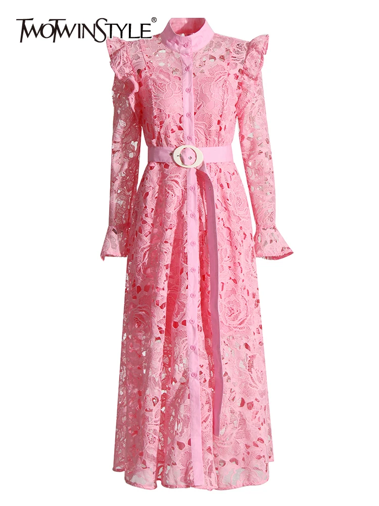 TWOTWINSTYLE Solid Patchwork Lace Embroidery Cut Out Elegant Dresses For Women Stand Collar Flare Sleeve High Waist Dress Female
TWOTWINSTYLE Solid Patchwork Lace Embroidery Cut Out Elegant Dresses For Women Stand Collar Flare Sleeve High Waist Dress Female