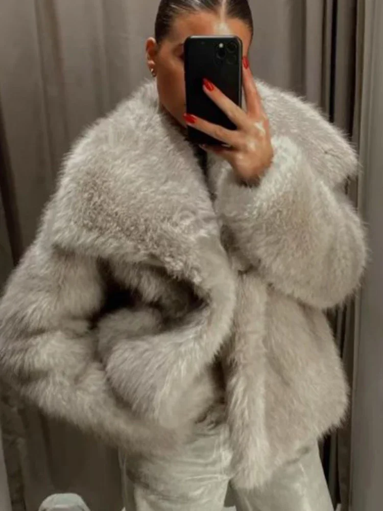 

LZEQuella Fur Warm Winter Coat Women Fashion Turndown Collar Solid Long Sleeve Coats Casual Pocket Ladies Outwear Clothing 2024