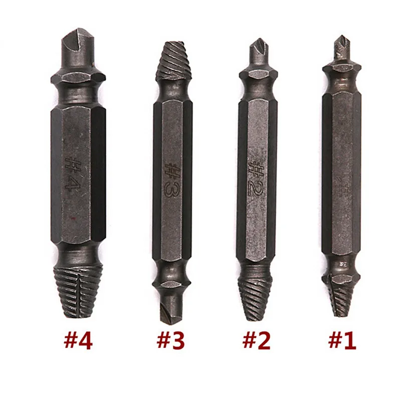 

New 4Pcs 1# 2# 3# 4# Screw Extractor Drill Bits Guide Set Broken Damaged Bolt Remover Double Ended Damaged Screw Extractor