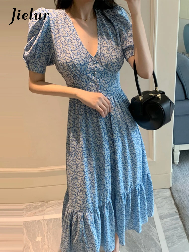 

Jielur Elegant V-neck Slim Waist Streetwear Female Dresses French Style Puff Sleeve Chiffon Vintage Dress Chic Mid-calf Dress