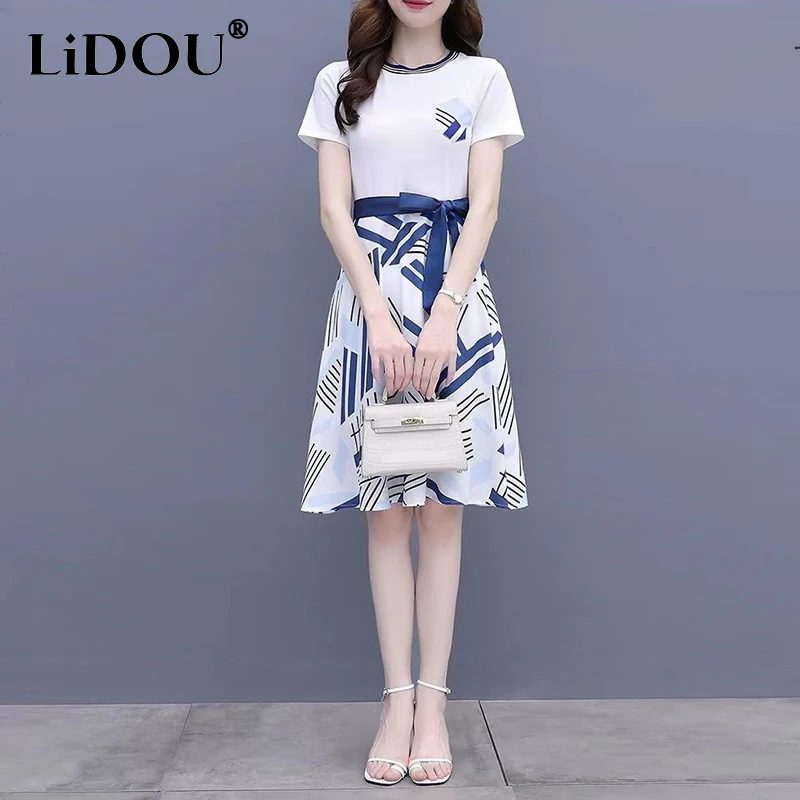 Summer Fashion Printing Patchwork Casual Vestidos Ladies Bow Short Sleeve Robe Femme Temperament A-line Dress Women's Clothing
Summer Fashion Printing Patchwork Casual Vestidos Ladies Bow Short Sleeve Robe Femme Temperament A-line Dress Women's Clothing