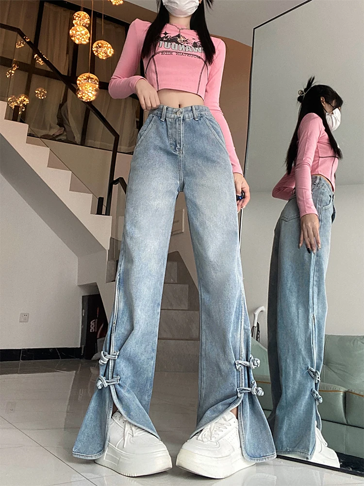 

Women Blue Baggy Jeans Vintage 90s Aesthetic High Waist Cowboy Pants Harajuku Denim Trousers with Slit Y2k Trashy 2000s Clothes