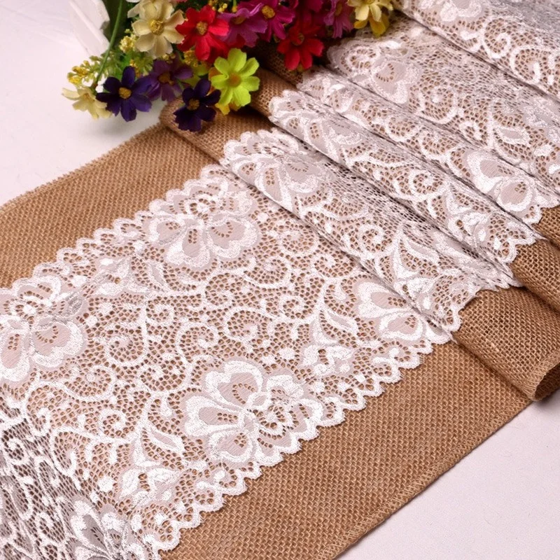 

Vintage White Christmas Lace Jute Linen Hessian Burlap Country Event Party Supplies Wedding Decoration Table Cloth Runner