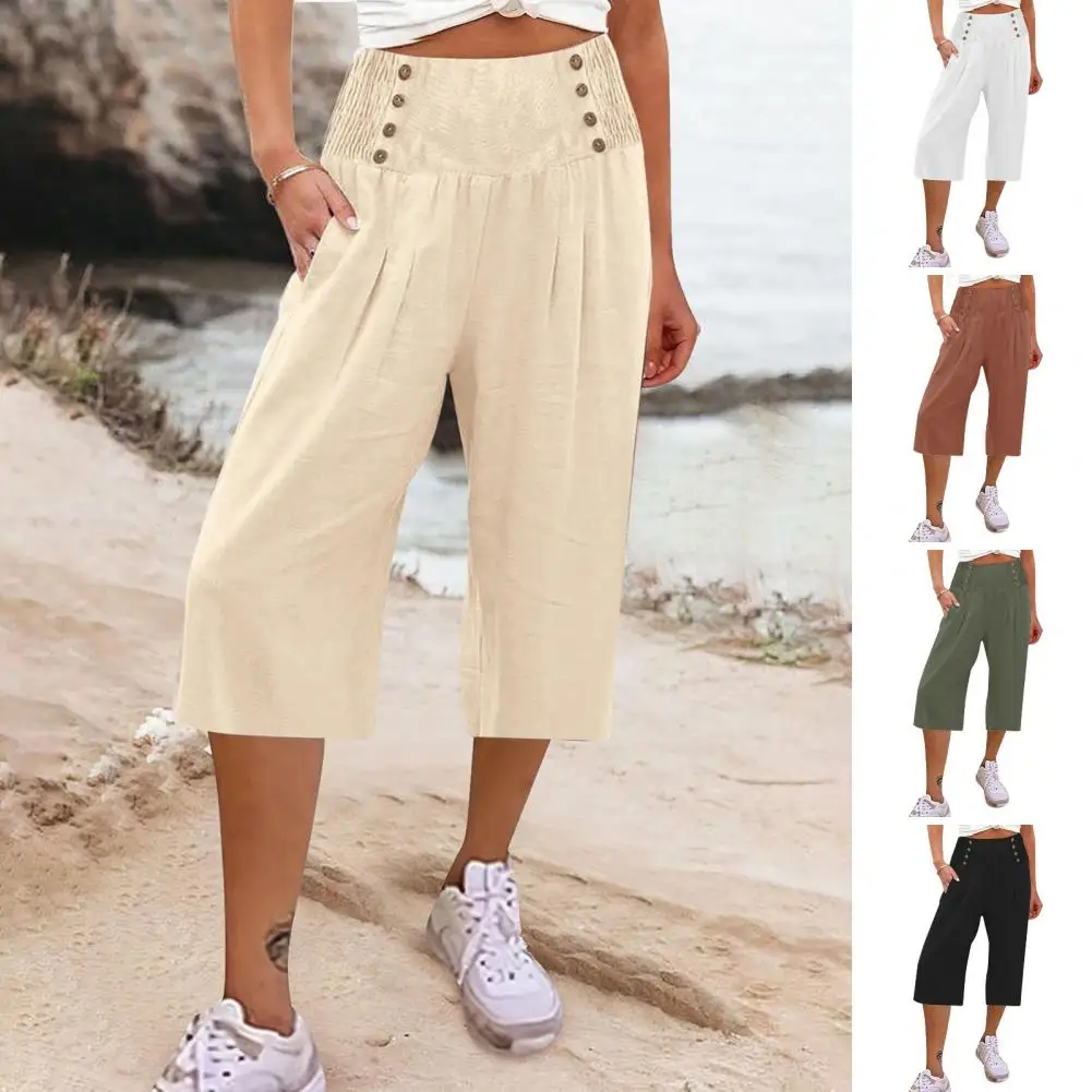 

Брюки женские свободного кроя, Стильные укороченные штаны с широкими штанинами, с эластичным поясом и карманами, модная уличная одежда на весну-лето