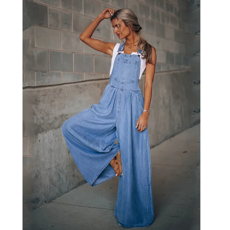 

Overalls For Women Blue Denim romper Loose Wide-Leg With Pocket High-Waist Jumpsuits anjamanor Fashion discount Best Clearance