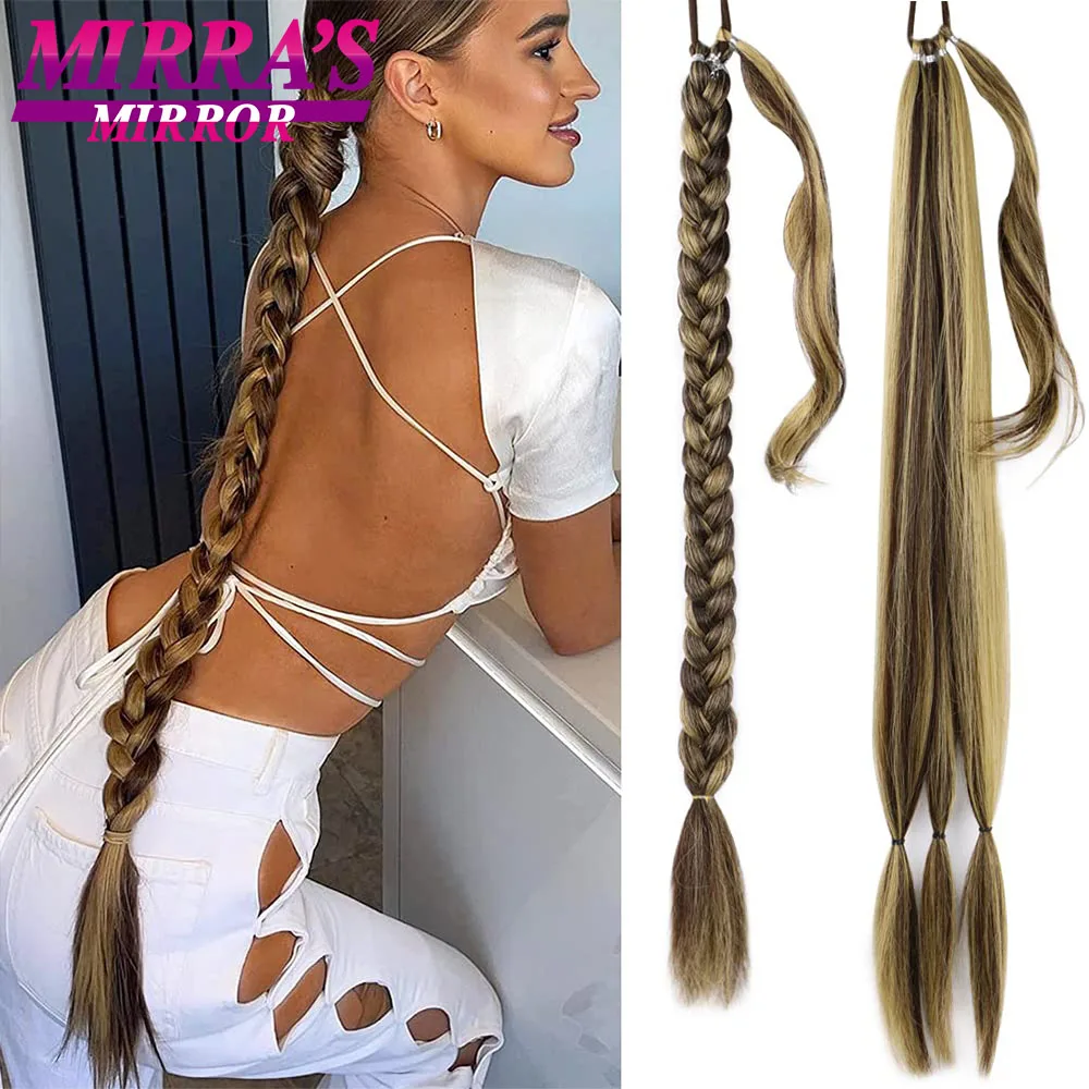 

28 Inch Long DIY Braided Ponytail Extension with Hair Tie Straight Wrap Around Hair Extensions Ponytail Synthetic Hairpiece 100G